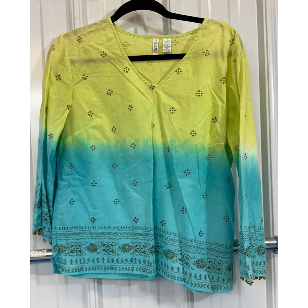 Boho Hippie Top S India Cotton Ombre Geen Blue bells on sleeve v neck
